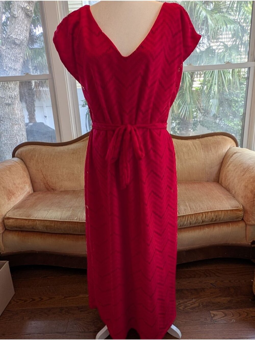 Red Chevron-pattern Maxi Dress Size 14/16 Tie Waist tie V-neckline 4th of July